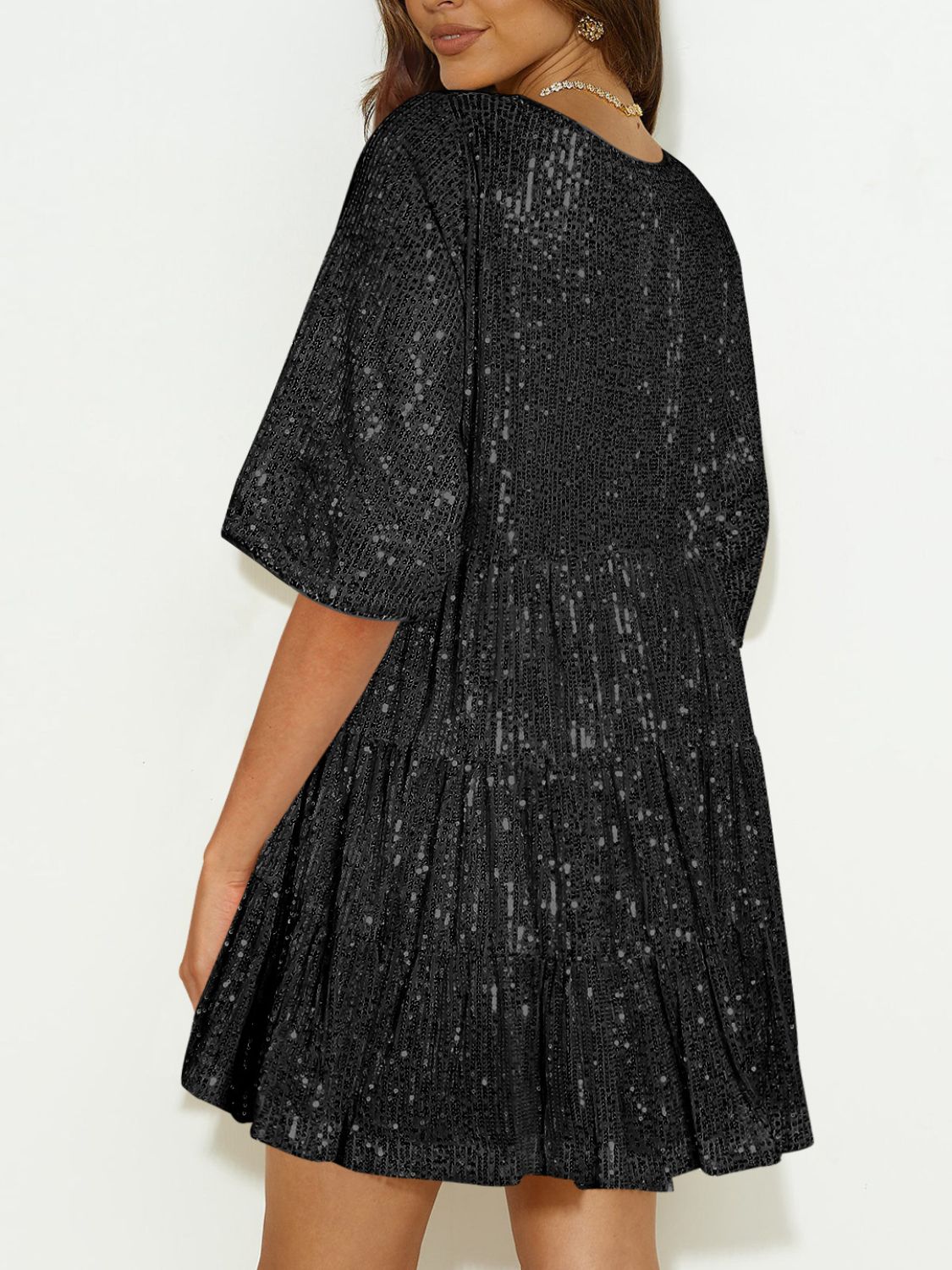 Sequin Round Neck Half Sleeve Mini Dress.