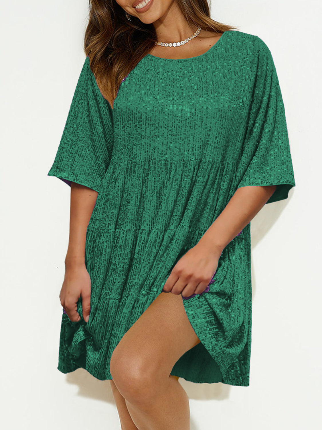 Sequin Round Neck Half Sleeve Mini Dress.