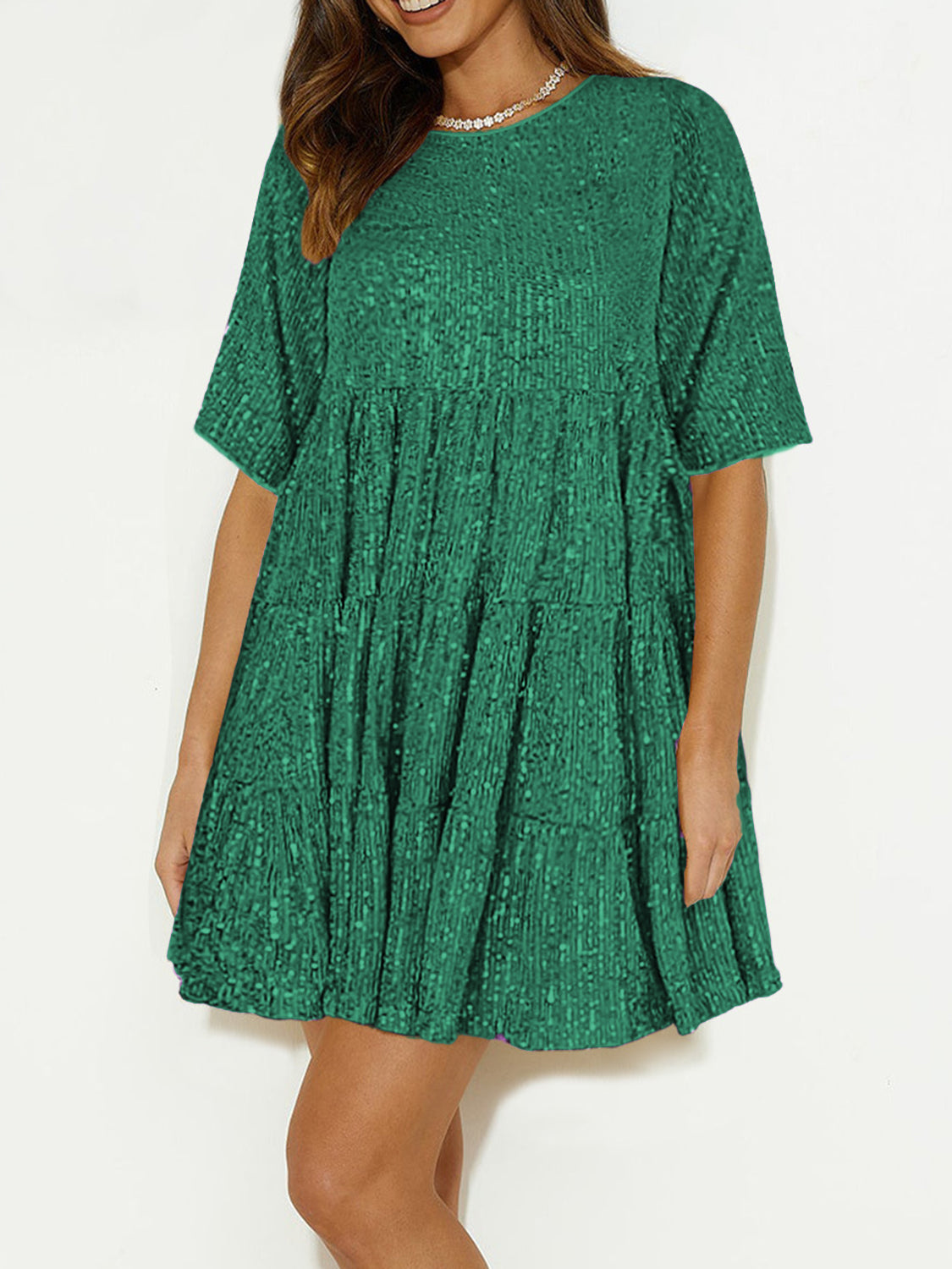Sequin Round Neck Half Sleeve Mini Dress.