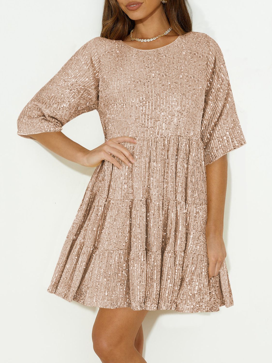 Sequin Round Neck Half Sleeve Mini Dress.
