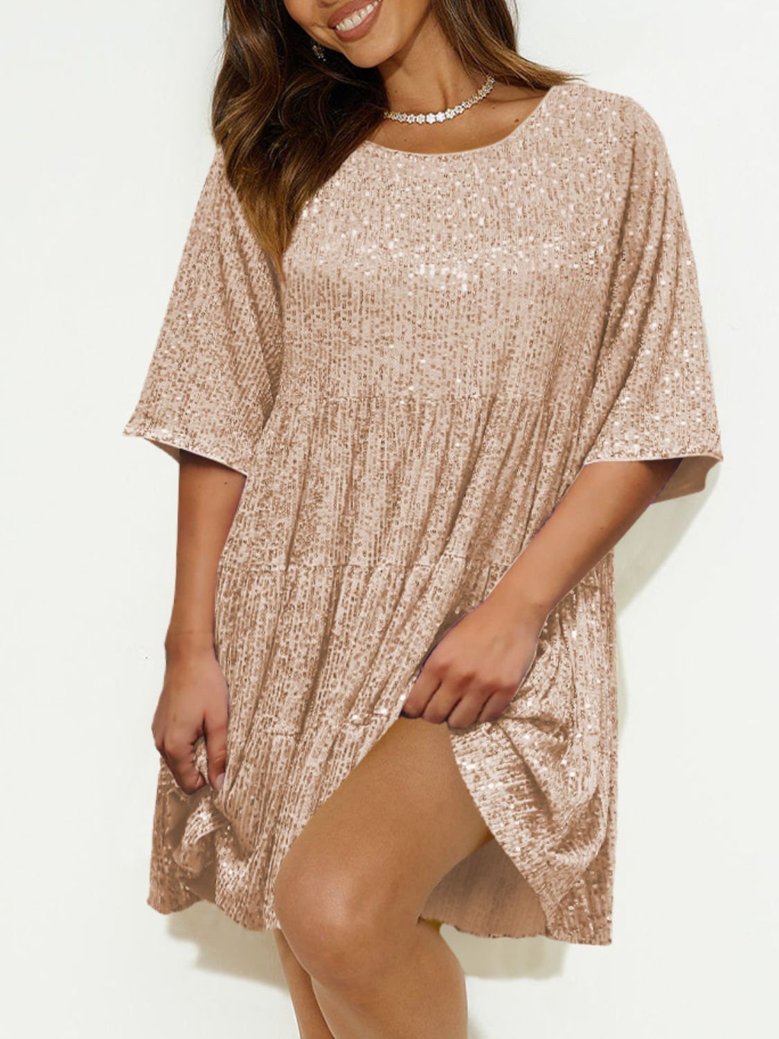 Sequin Round Neck Half Sleeve Mini Dress.