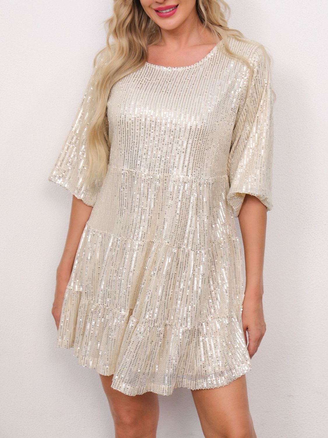 Sequin Round Neck Half Sleeve Mini Dress.
