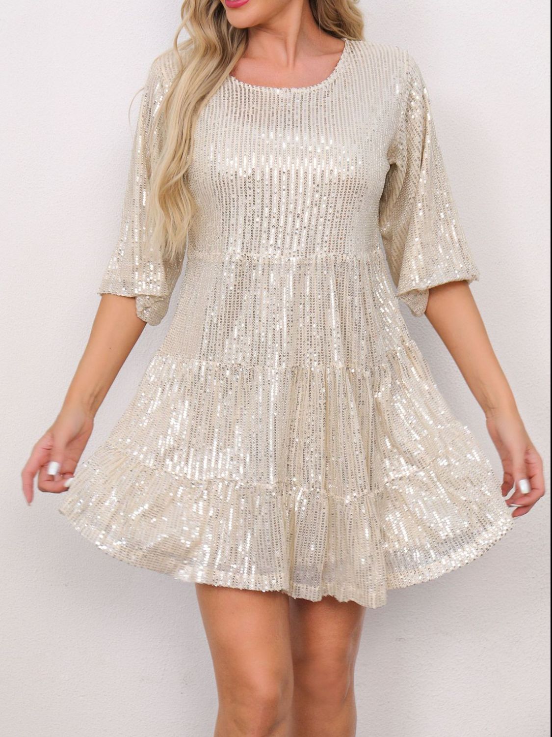 Sequin Round Neck Half Sleeve Mini Dress.