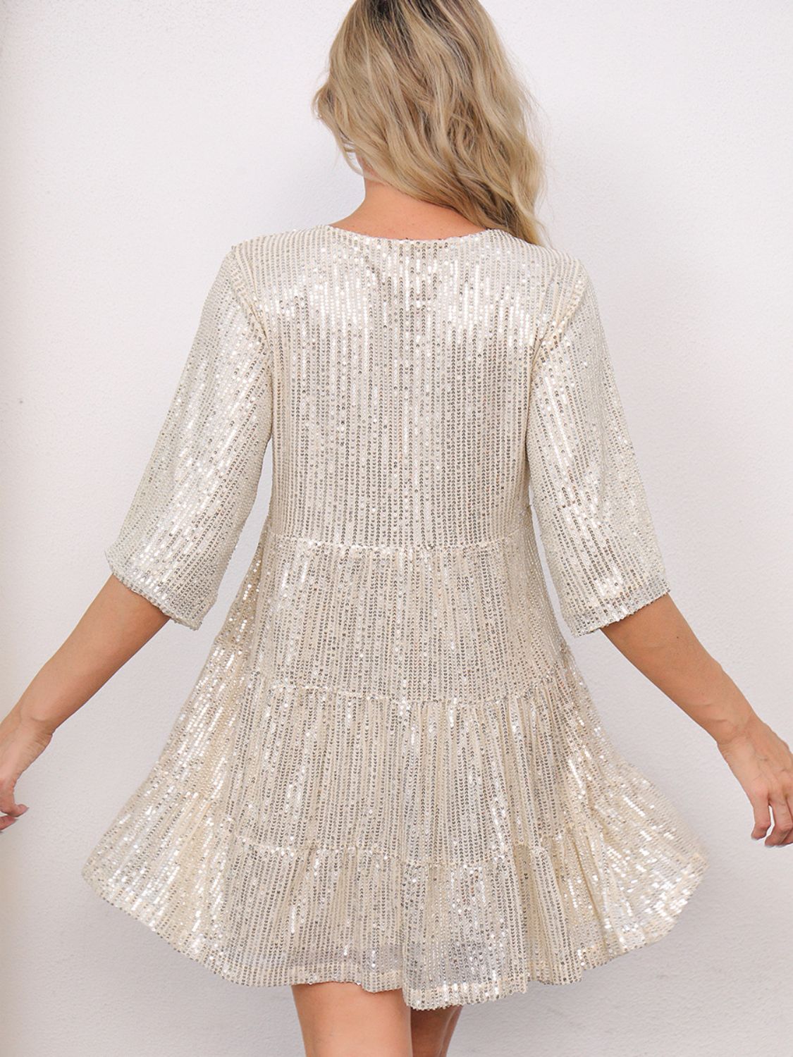 Sequin Round Neck Half Sleeve Mini Dress.