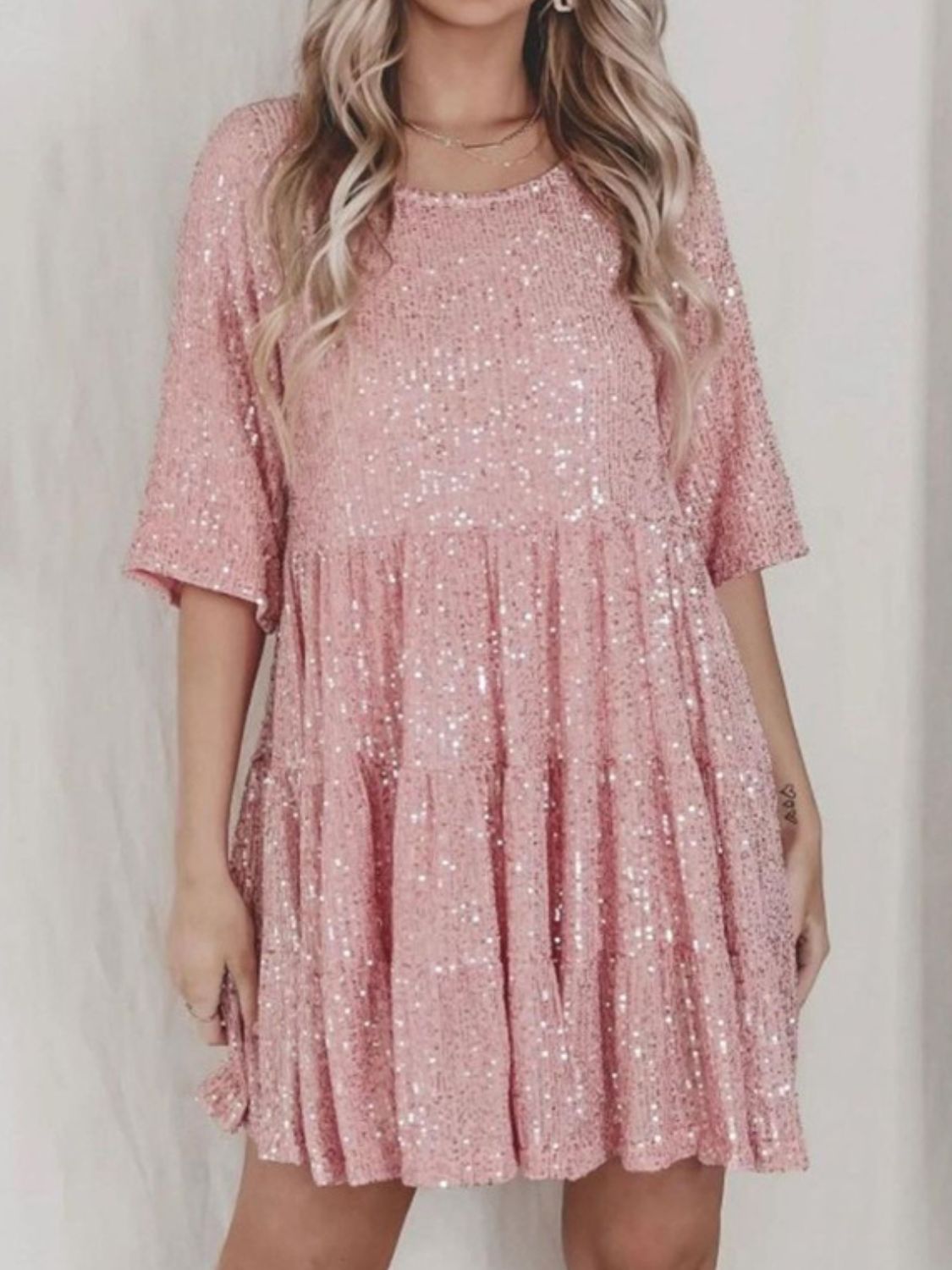 Sequin Round Neck Half Sleeve Mini Dress.