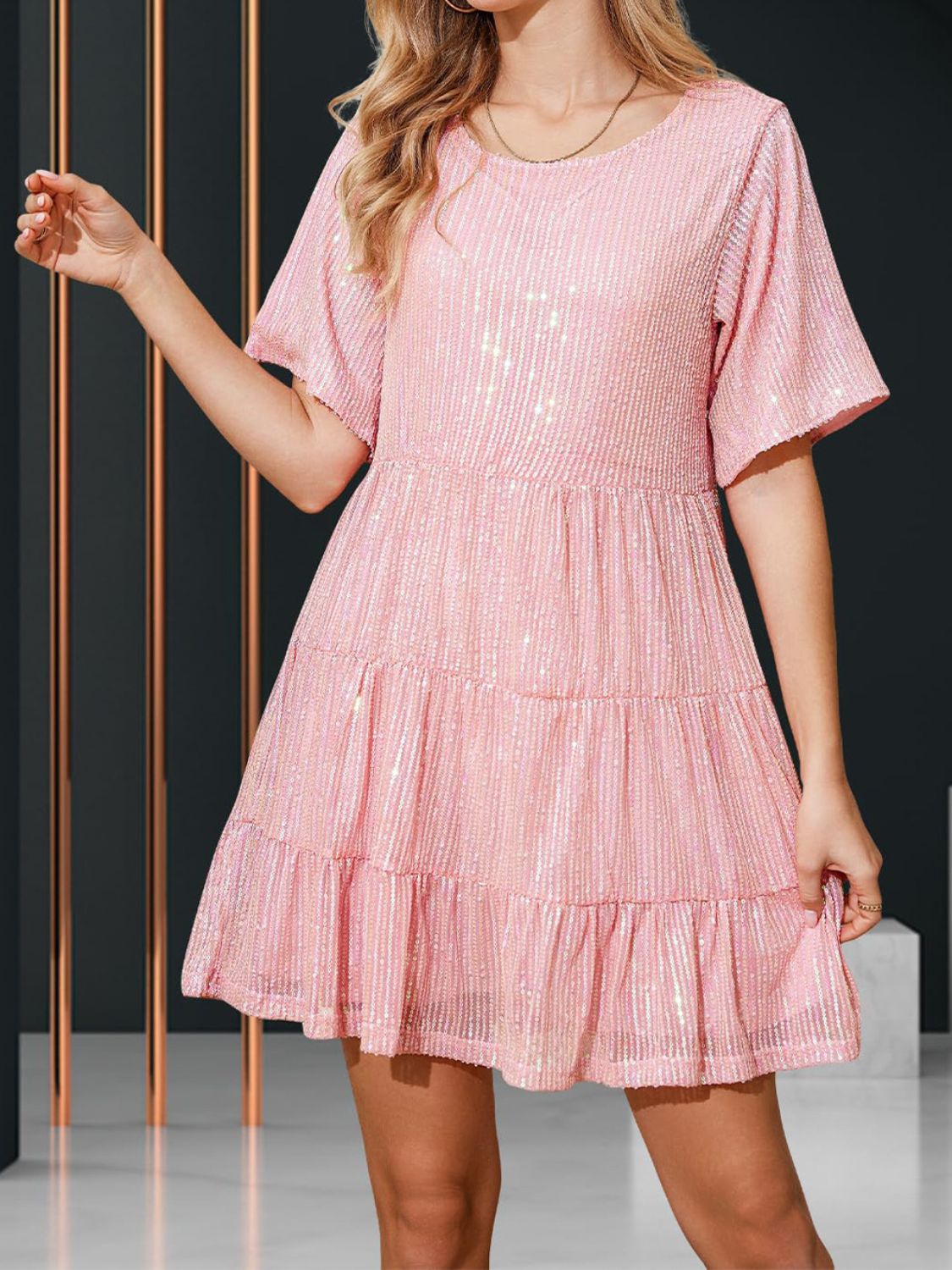 Sequin Round Neck Half Sleeve Mini Dress.