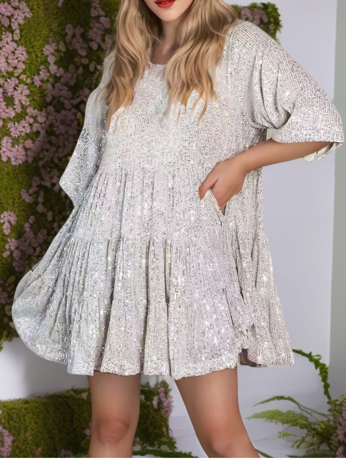 Sequin Round Neck Half Sleeve Mini Dress.