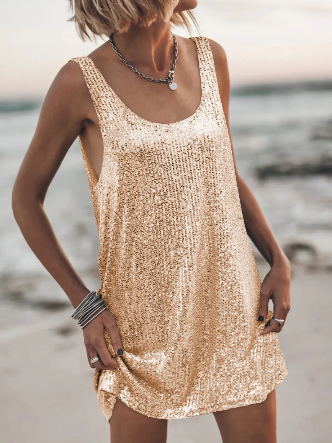 Sequin Scoop Neck Mini Dress.
