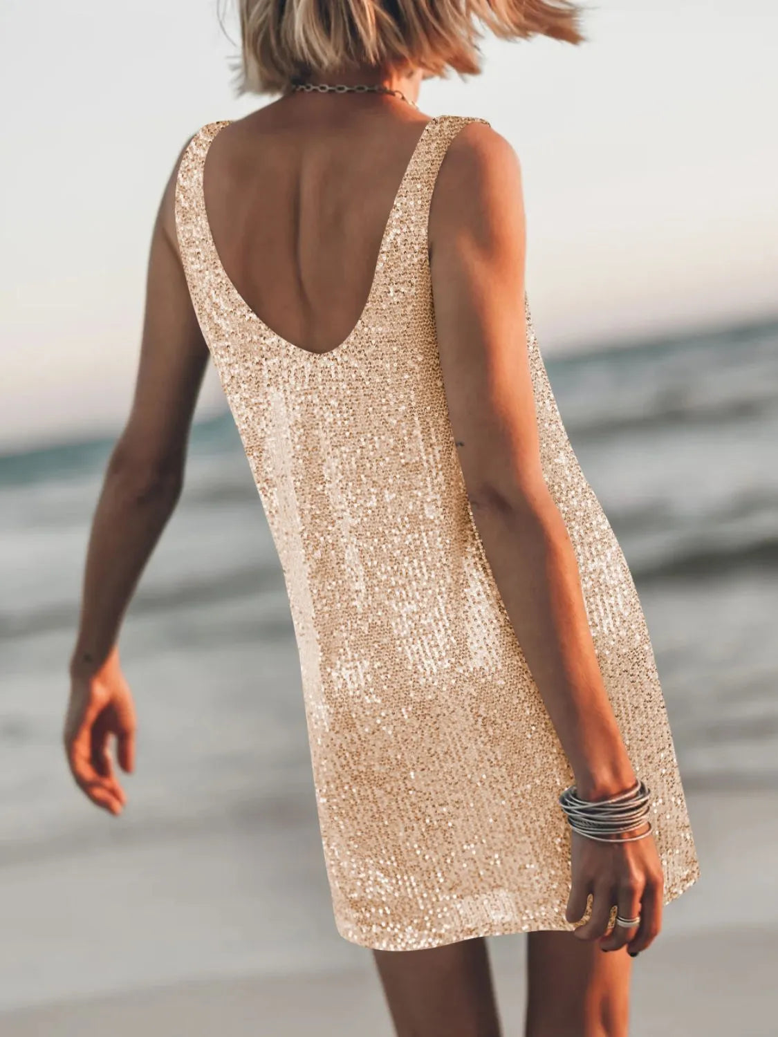 Sequin Scoop Neck Mini Dress.