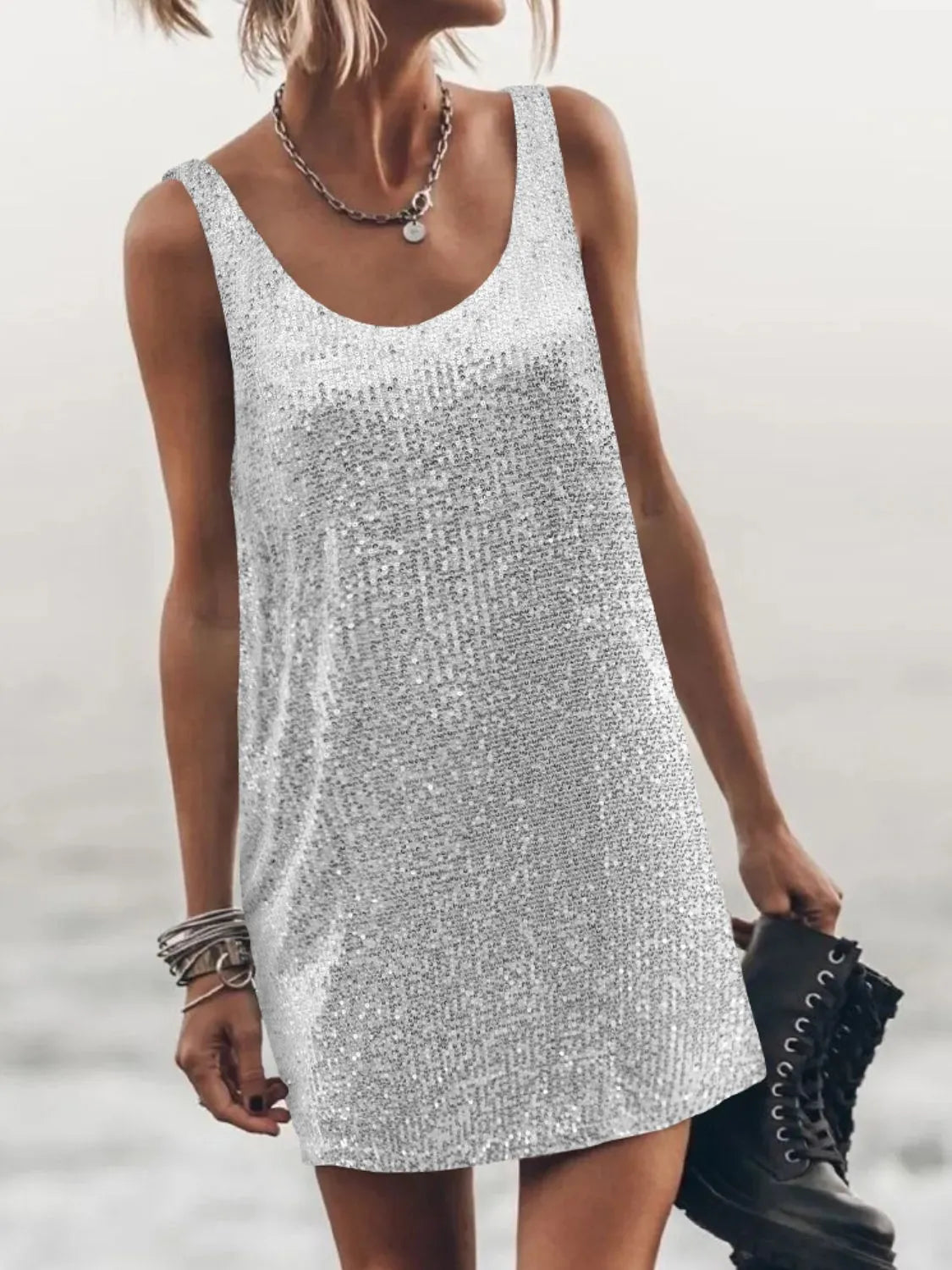 Sequin Scoop Neck Mini Dress.