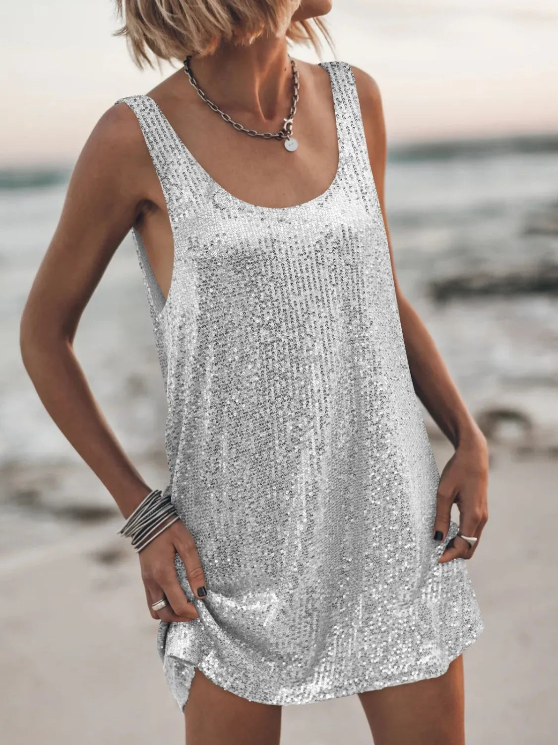 Sequin Scoop Neck Mini Dress.