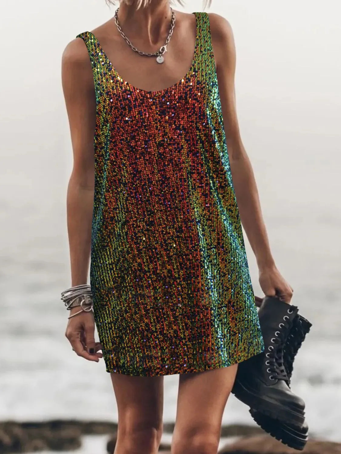 Sequin Scoop Neck Mini Dress.