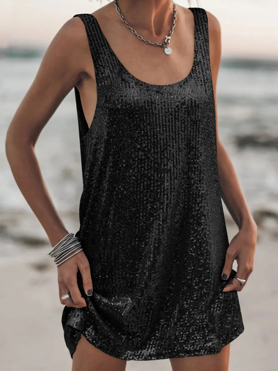 Sequin Scoop Neck Mini Dress.