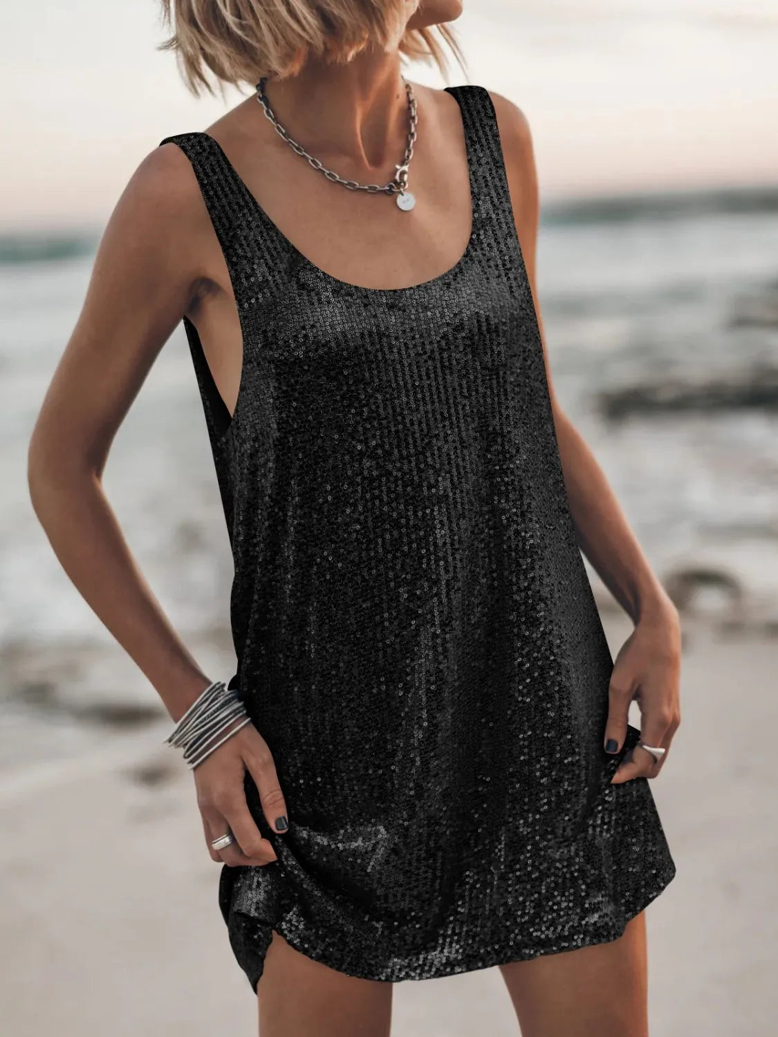 Sequin Scoop Neck Mini Dress.