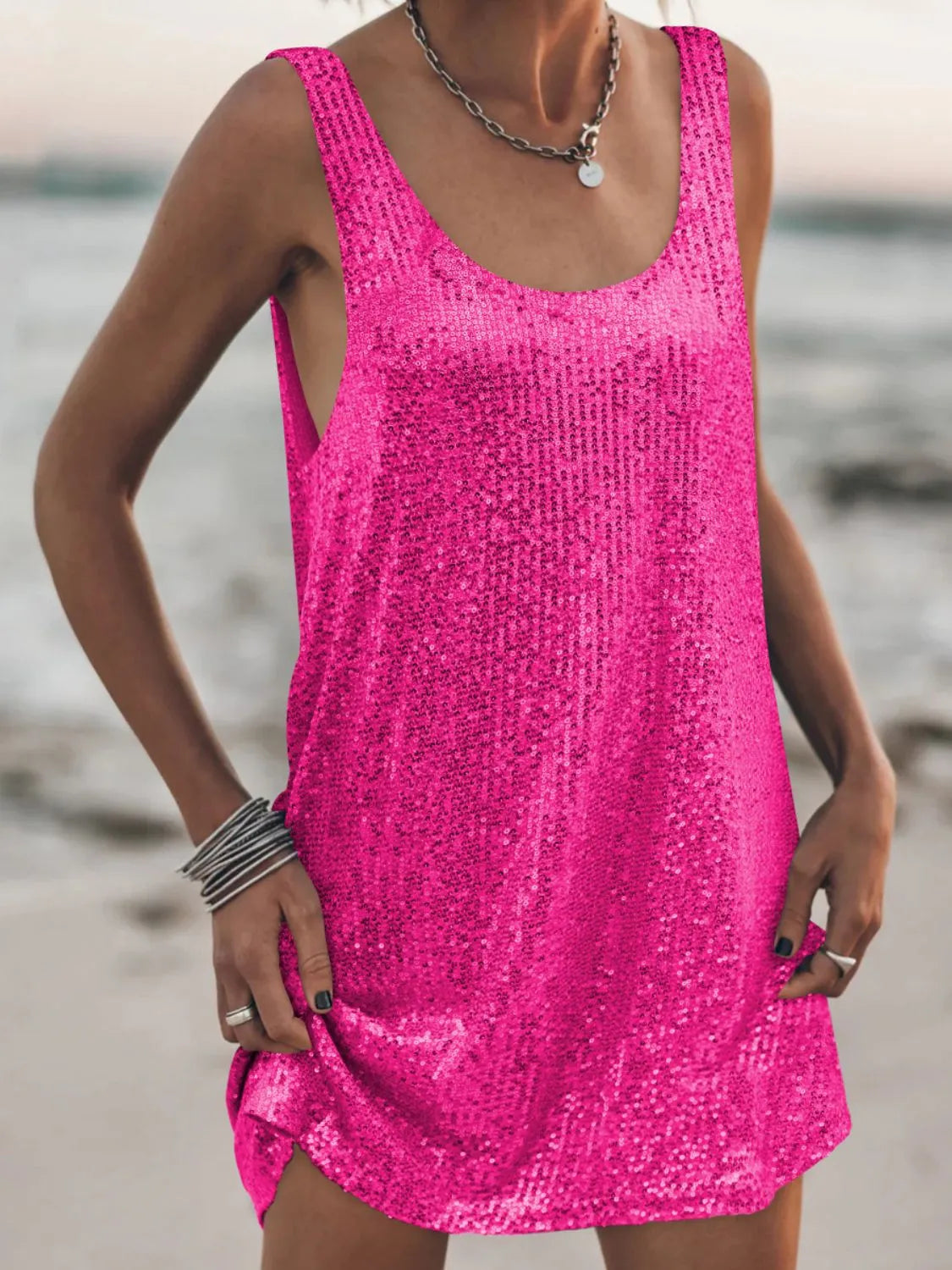 Sequin Scoop Neck Mini Dress.
