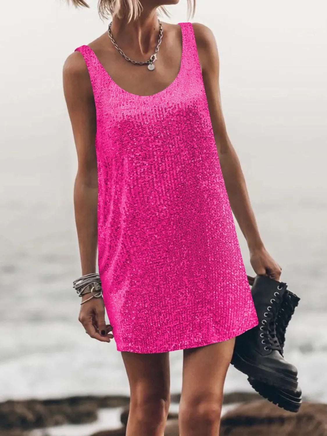 Sequin Scoop Neck Mini Dress.