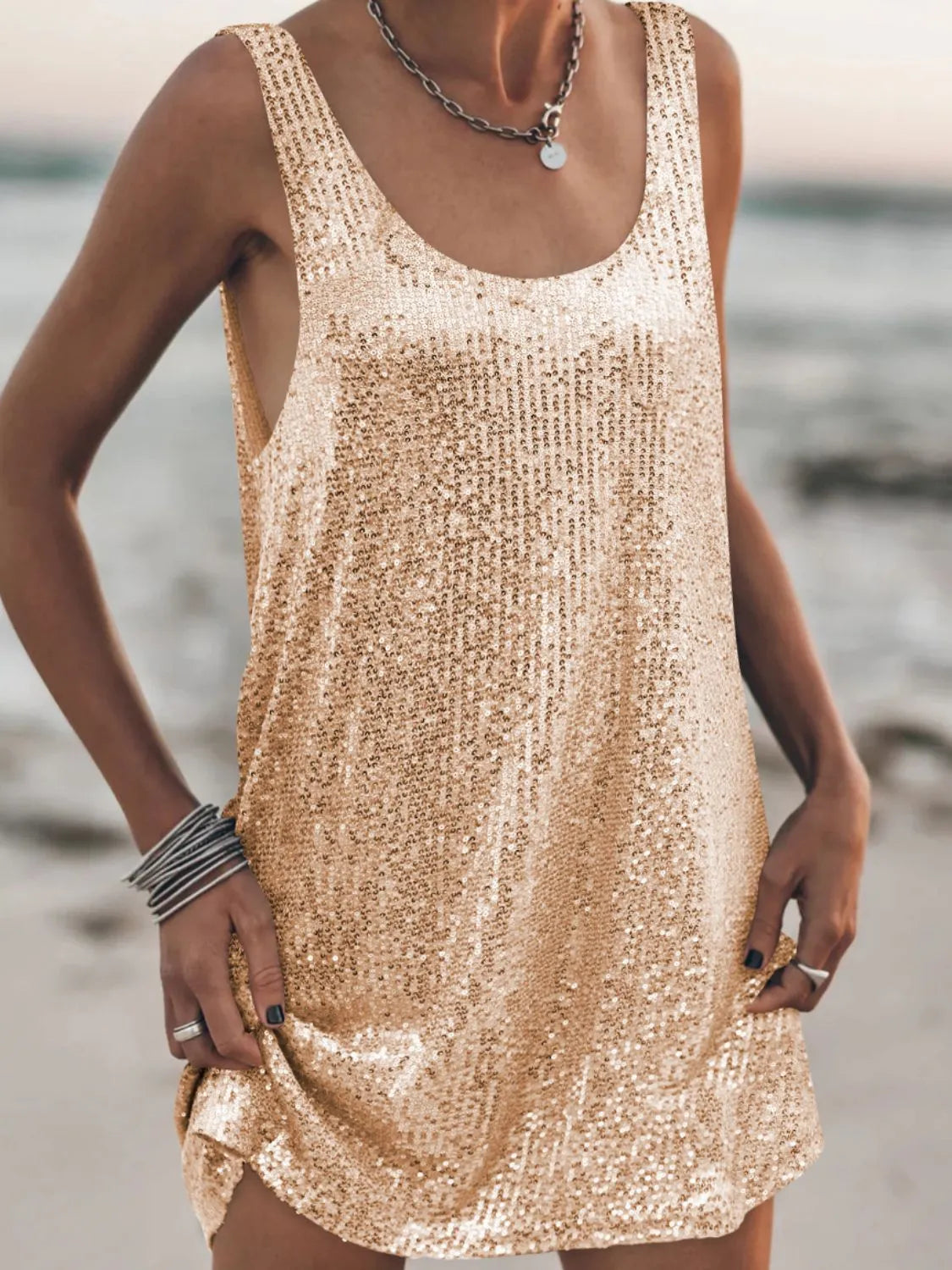Sequin Scoop Neck Mini Dress.