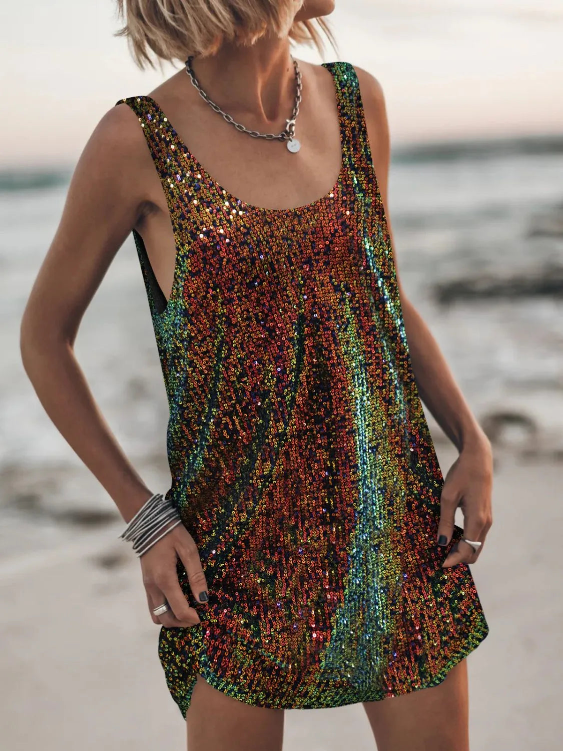 Sequin Scoop Neck Mini Dress.