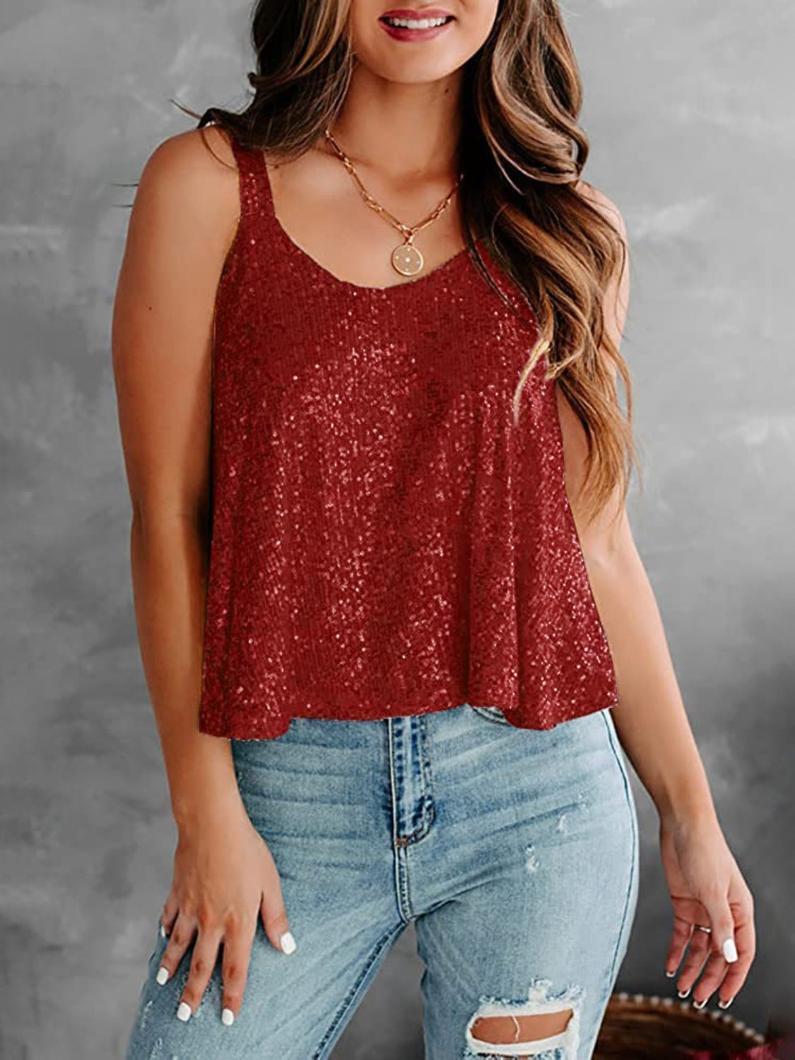 Sequin scoop neck tank, opaque and slightly stretchy.
