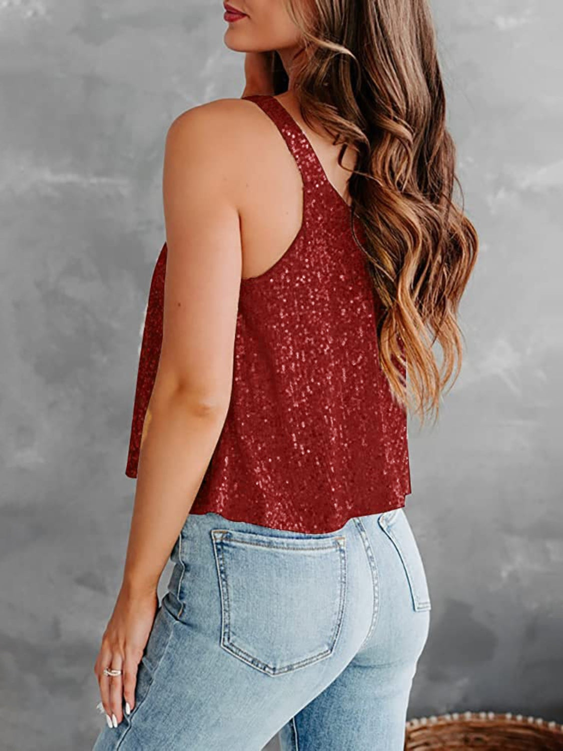 Sequin scoop neck tank, opaque and slightly stretchy.