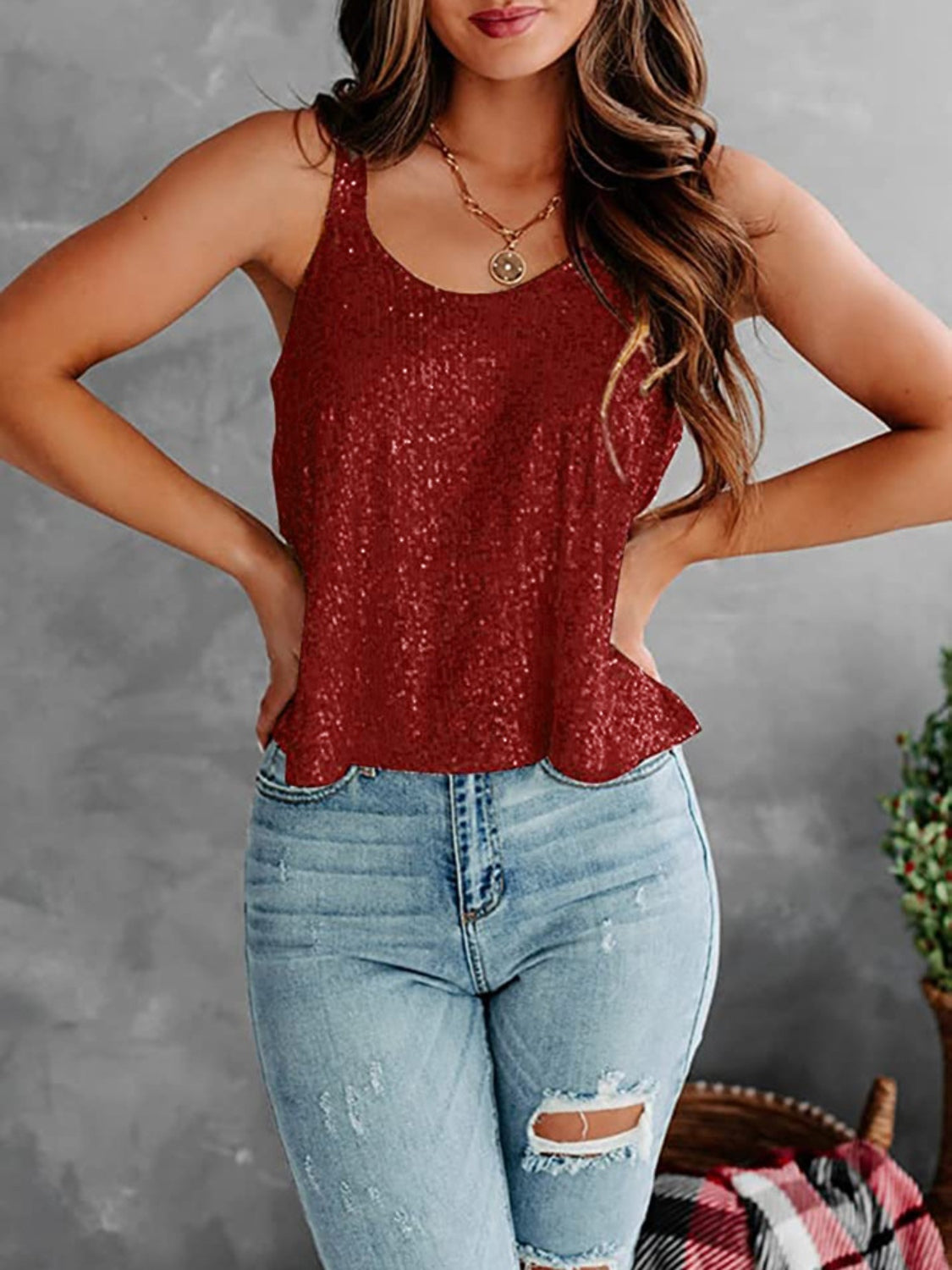 Sequin scoop neck tank, opaque and slightly stretchy.