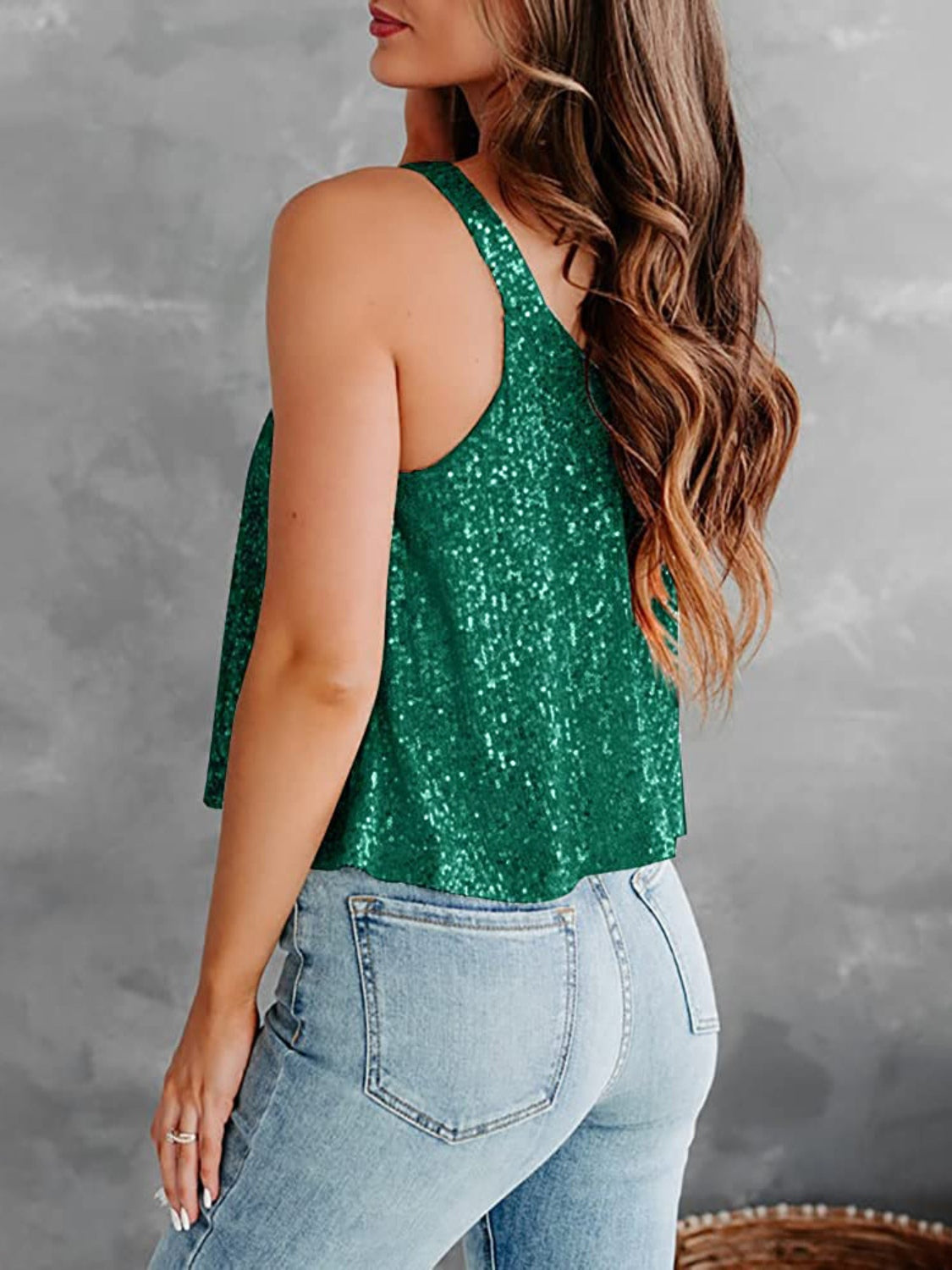 Sequin scoop neck tank, opaque and slightly stretchy.