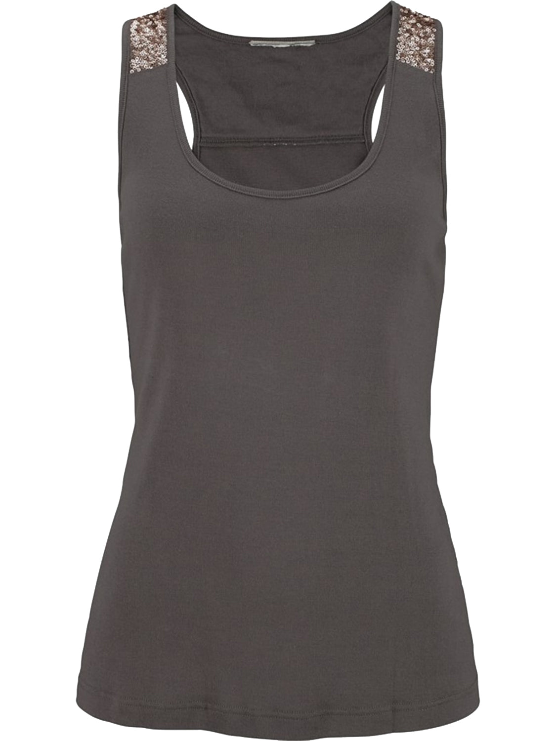 Sequin scoop neck tank, opaque and slightly stretchy.