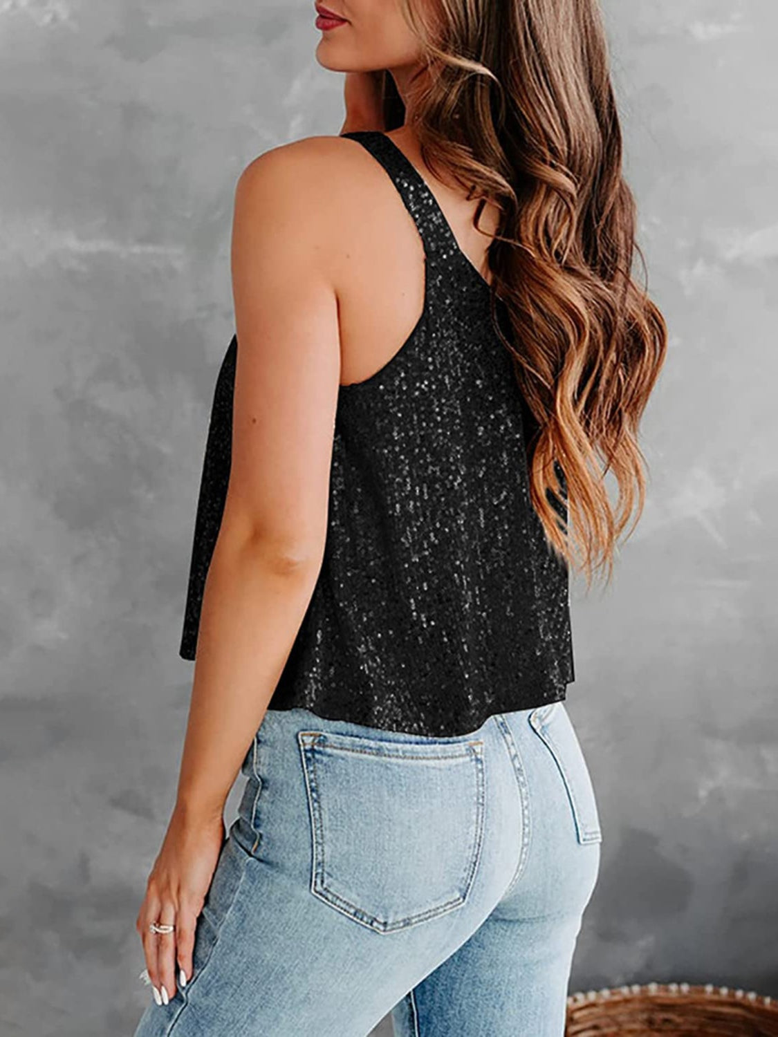Sequin scoop neck tank, opaque and slightly stretchy.