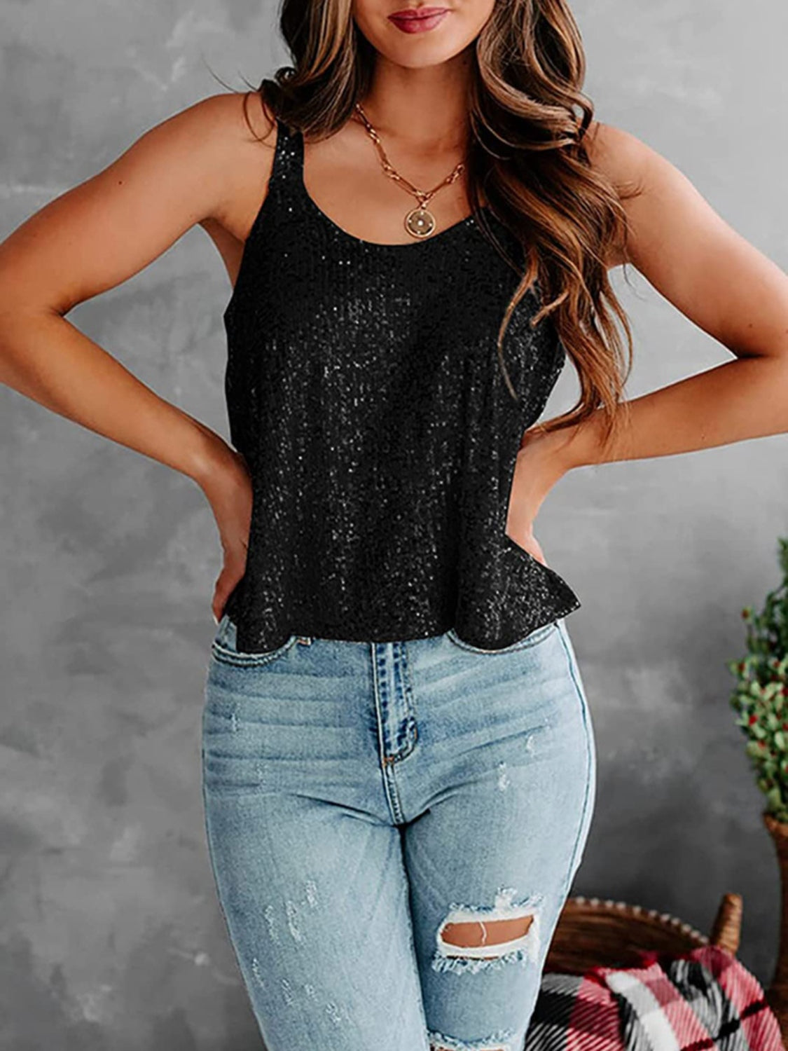 Sequin scoop neck tank, opaque and slightly stretchy.