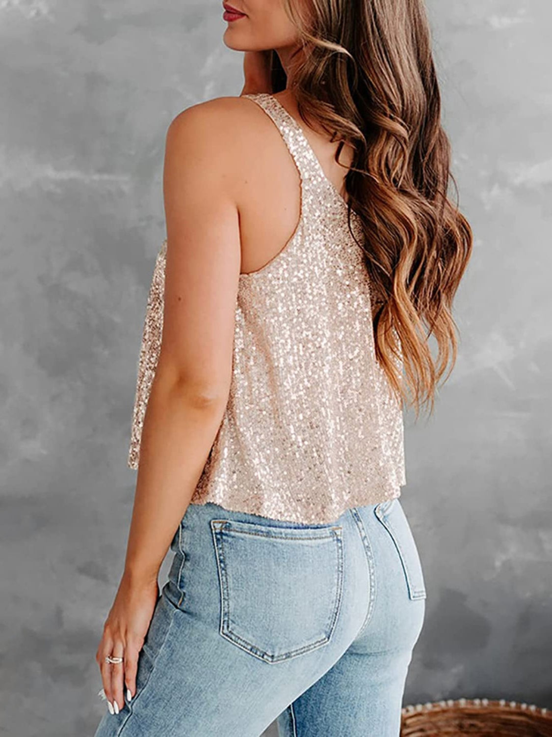 Sequin scoop neck tank, opaque and slightly stretchy.