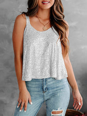 Sequin scoop neck tank, opaque and slightly stretchy.