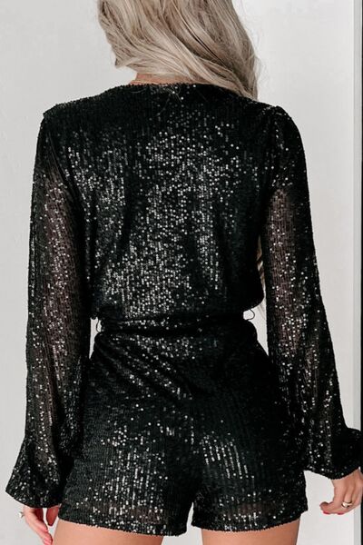 Sequin Surplice Long Sleeve Romper.