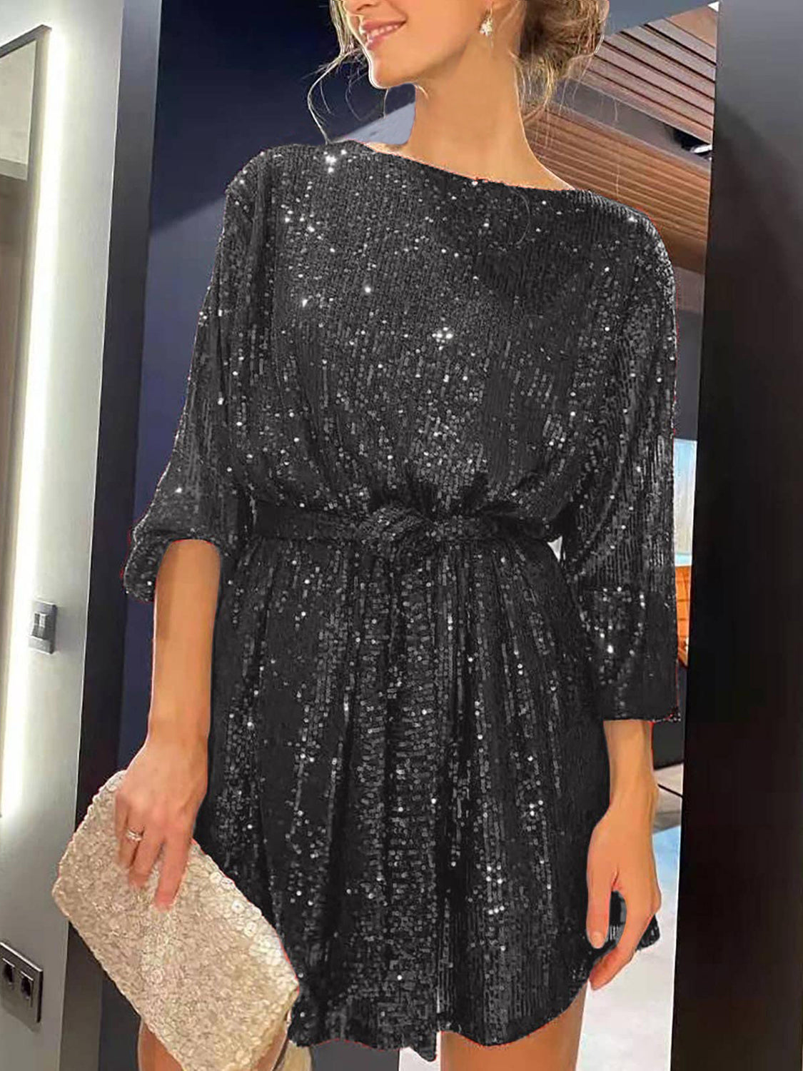 Sequin Tie Waist Long Sleeve Mini Dress.