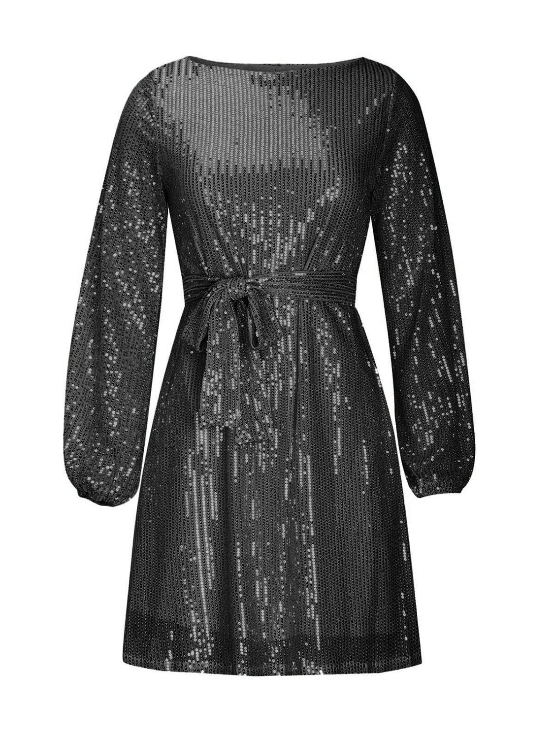 Sequin Tie Waist Long Sleeve Mini Dress.