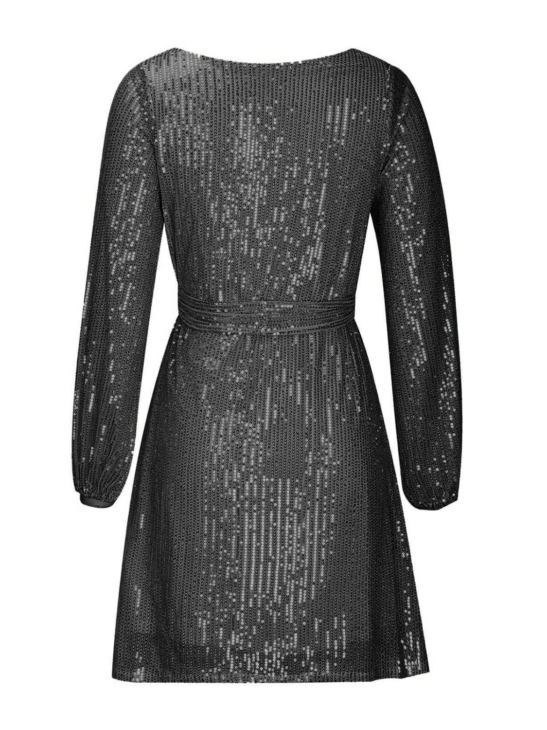 Sequin Tie Waist Long Sleeve Mini Dress.