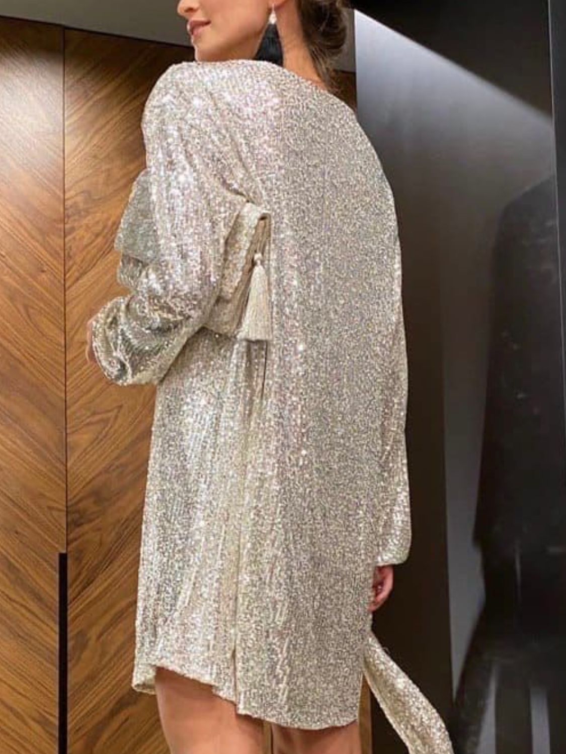 Sequin Tie Waist Long Sleeve Mini Dress.