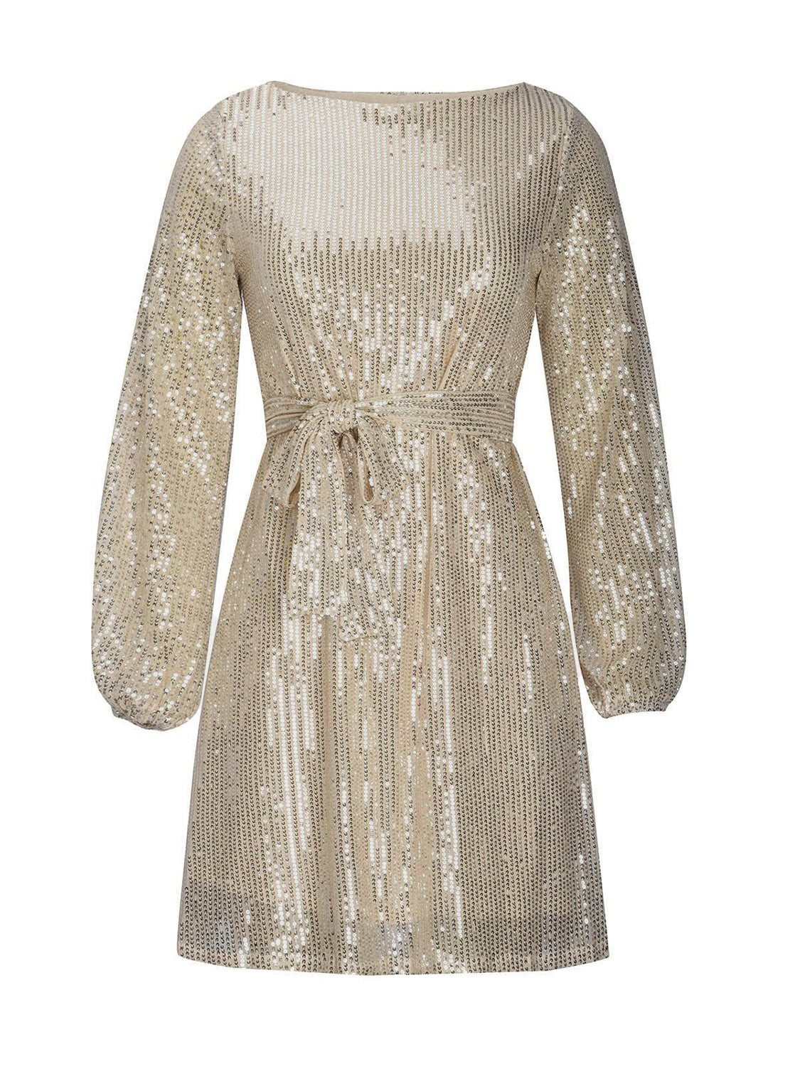 Sequin Tie Waist Long Sleeve Mini Dress.