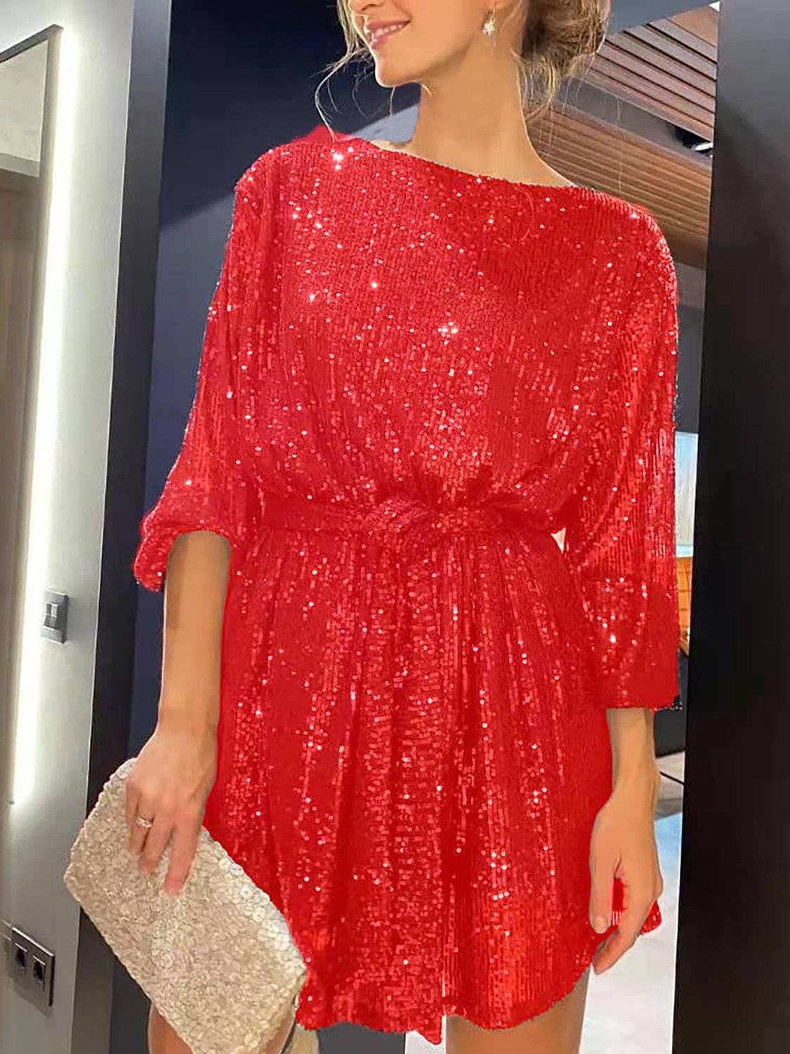Sequin Tie Waist Long Sleeve Mini Dress.