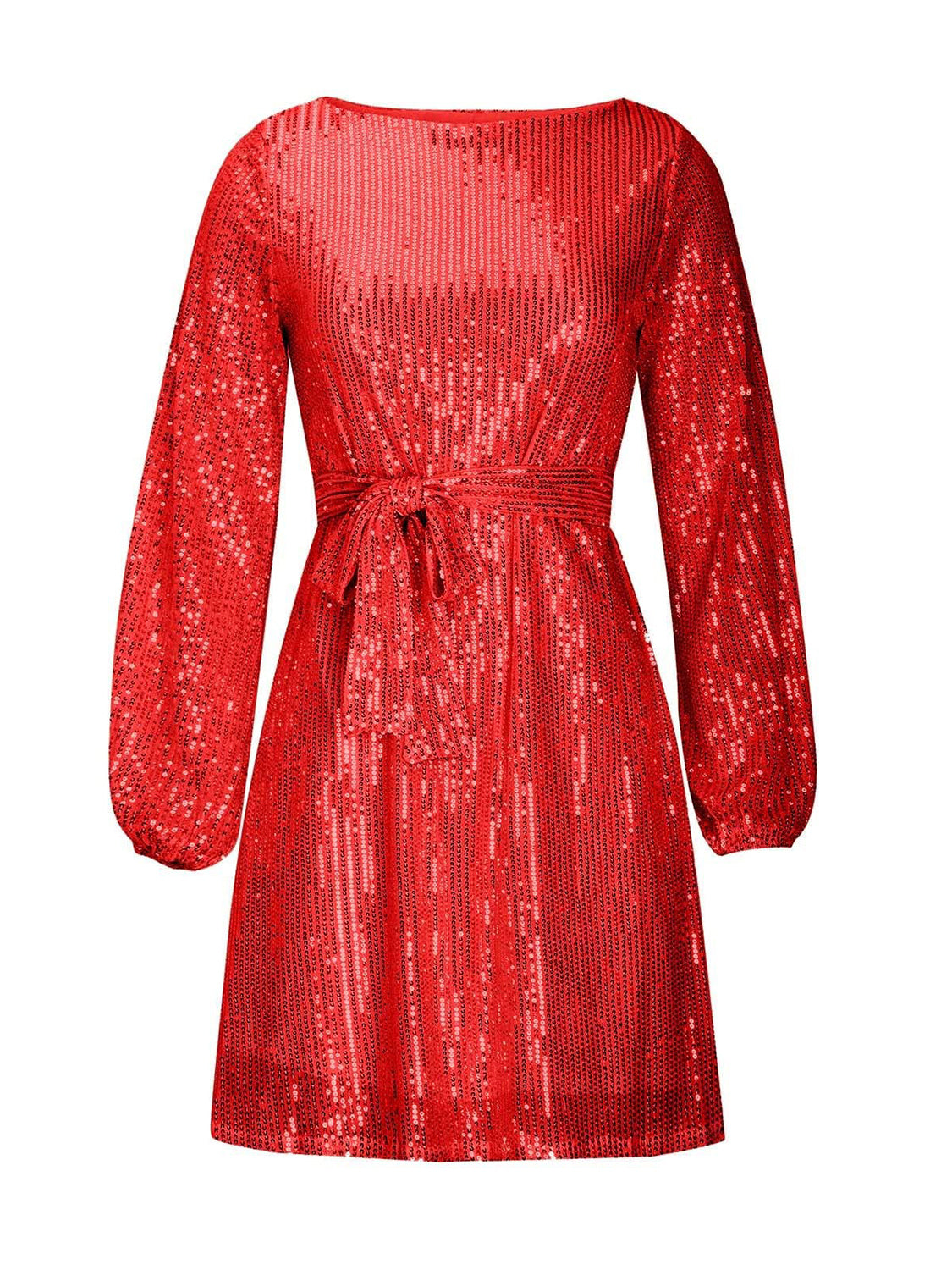 Sequin Tie Waist Long Sleeve Mini Dress.