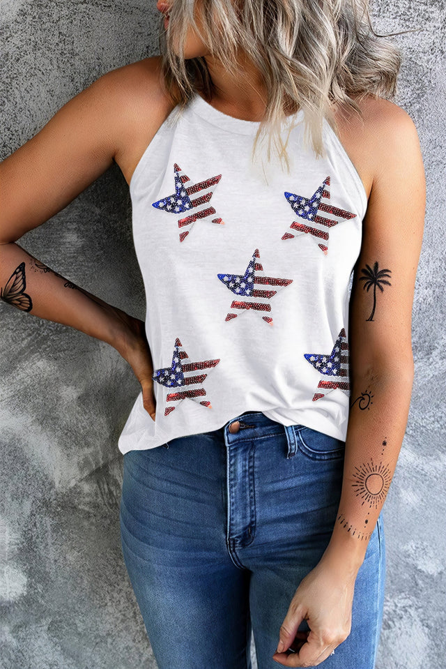Sequin US flag star Grecian neck tank, opaque.