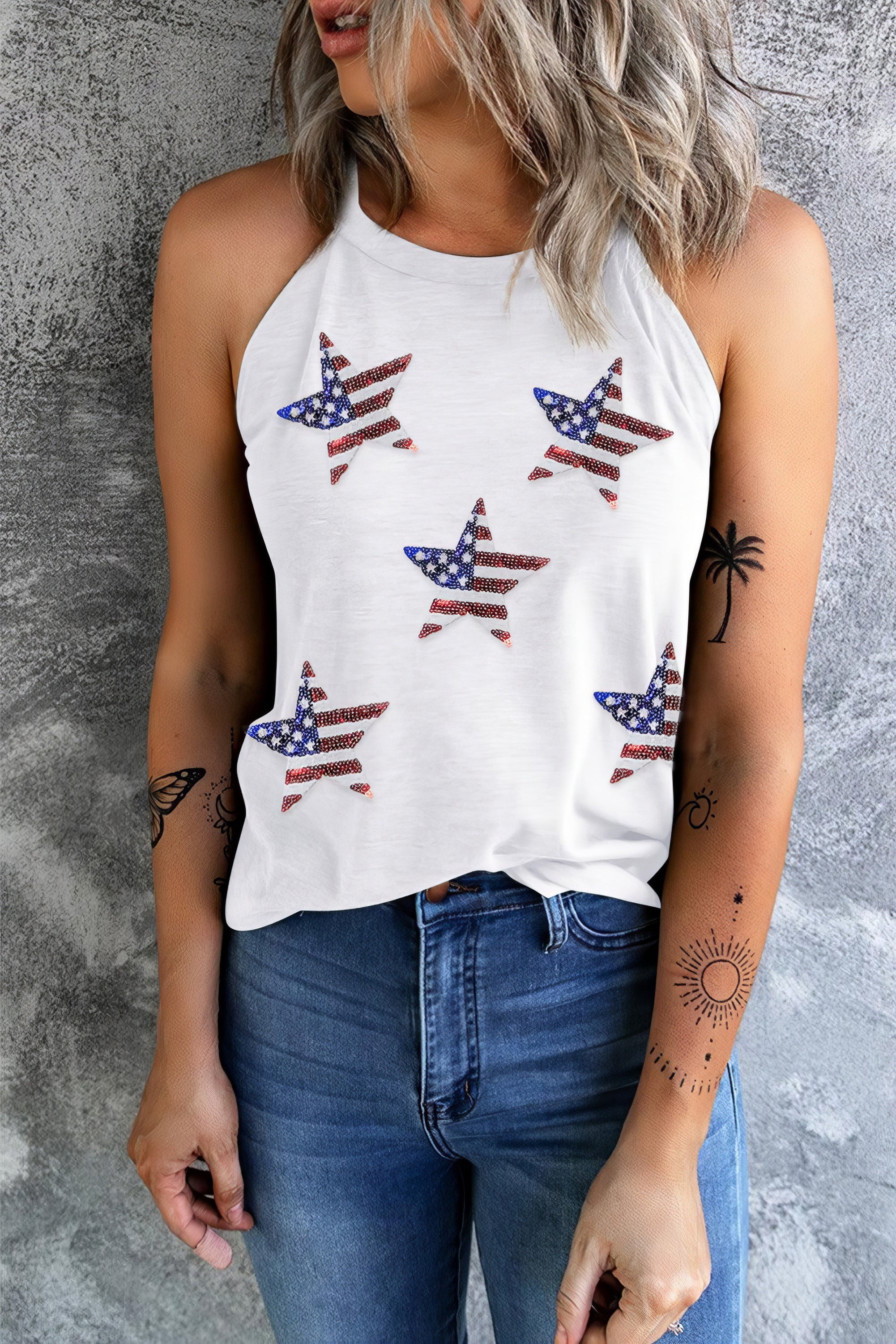 Sequin US flag star Grecian neck tank, opaque.