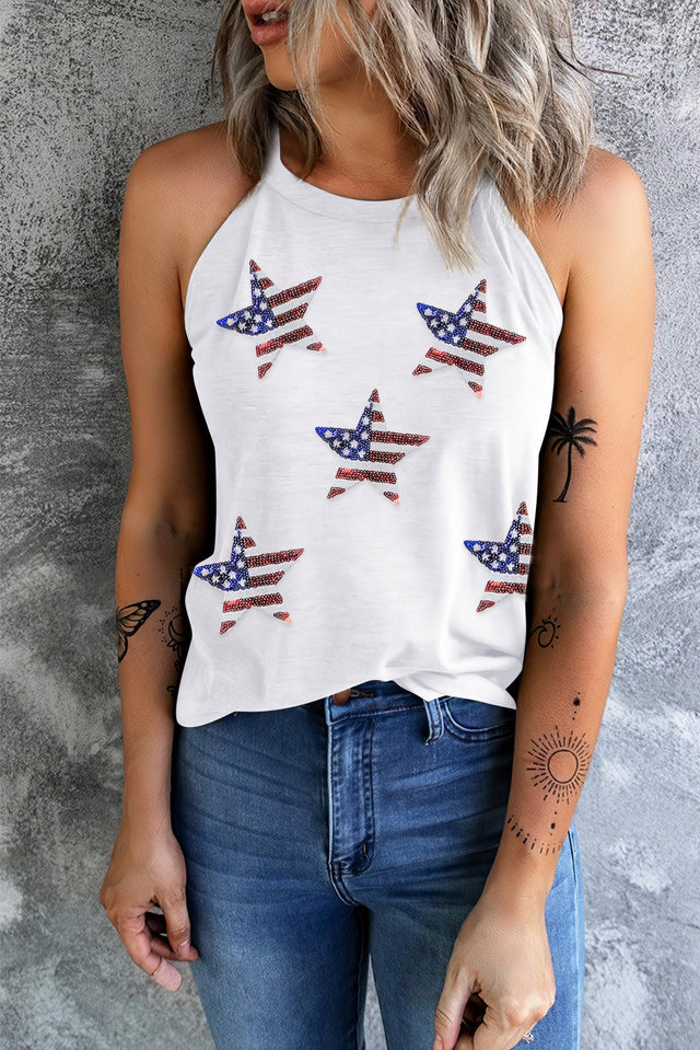 Sequin US flag star Grecian neck tank, opaque.