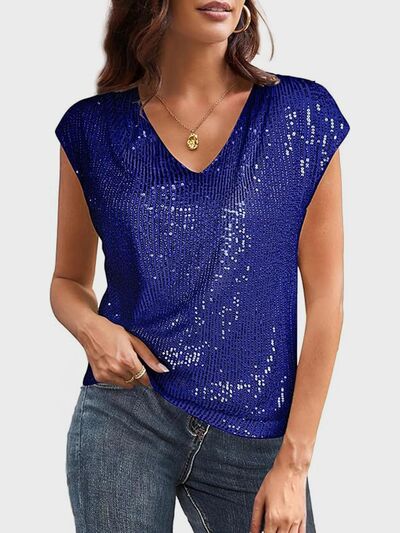 Sequin V-Neck Cap Sleeve Top.