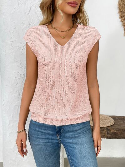 Sequin V-Neck Cap Sleeve Top.