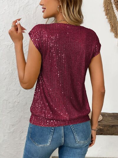 Sequin V-Neck Cap Sleeve Top.