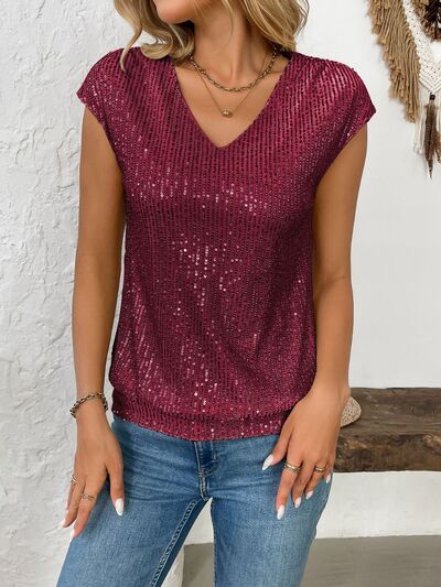 Sequin V-Neck Cap Sleeve Top.