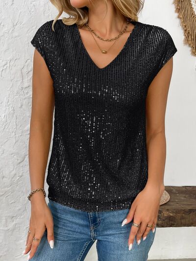 Sequin V-Neck Cap Sleeve Top.
