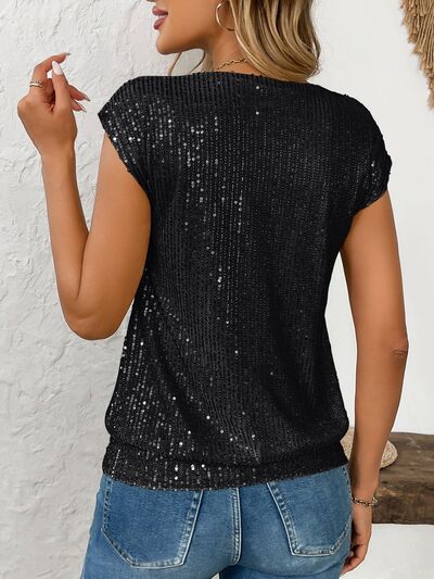 Sequin V-Neck Cap Sleeve Top.