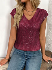 Sequin V-Neck Cap Sleeve Top.