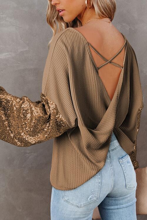 Sequin Waffle-Knit Blouse.